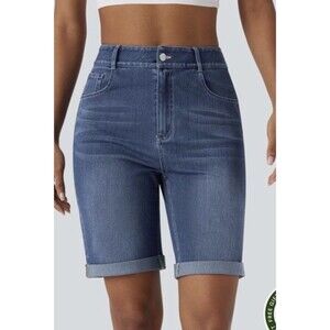 Halara Flex Denim High Waist Cuffed Leg Stretch Bermuda 9in Shorts Womens L
